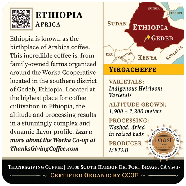 Ethiopia Yirgacheffe - Gedeb, Worka co-op Thanksgiving Coffee Company