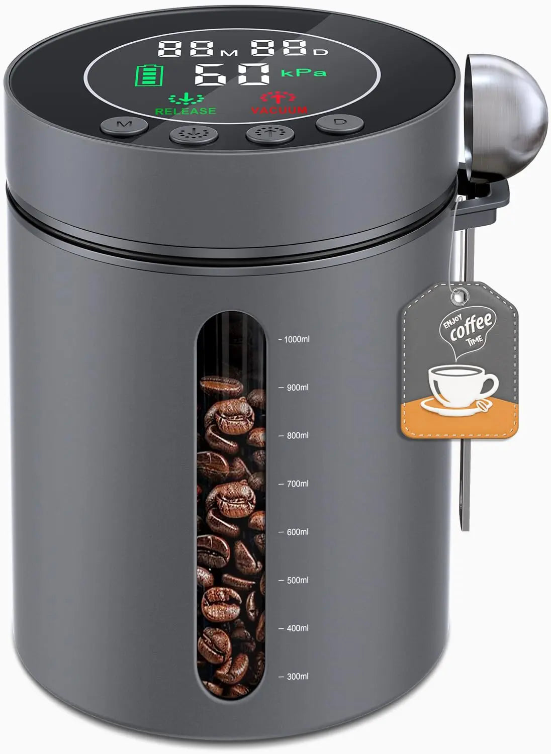 Automatic Vacuum Coffee Canister, 1.3L Coffee Container with Smart Pressure Sensor,LED Display,Window,Scoop Rechargeable Airtight Electric Coffee Bean Storage for Home Kitchen Ground Food Tea Storage Mt. Diablo Coffee and Gear