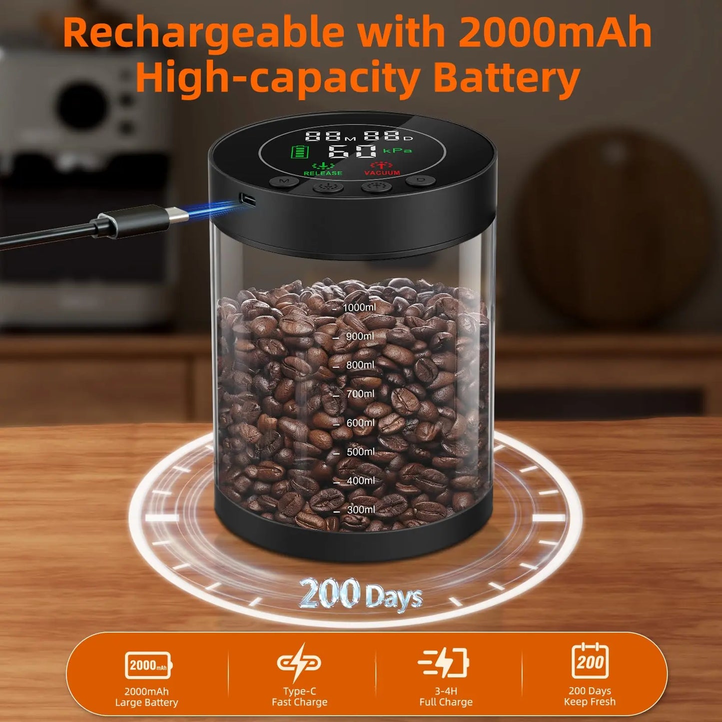 Automatic Vacuum Coffee Canister, 1.3L Coffee Container with Smart Pressure Sensor,LED Display,Window,Scoop Rechargeable Airtight Electric Coffee Bean Storage for Home Kitchen Ground Food Tea Storage Mt. Diablo Coffee and Gear