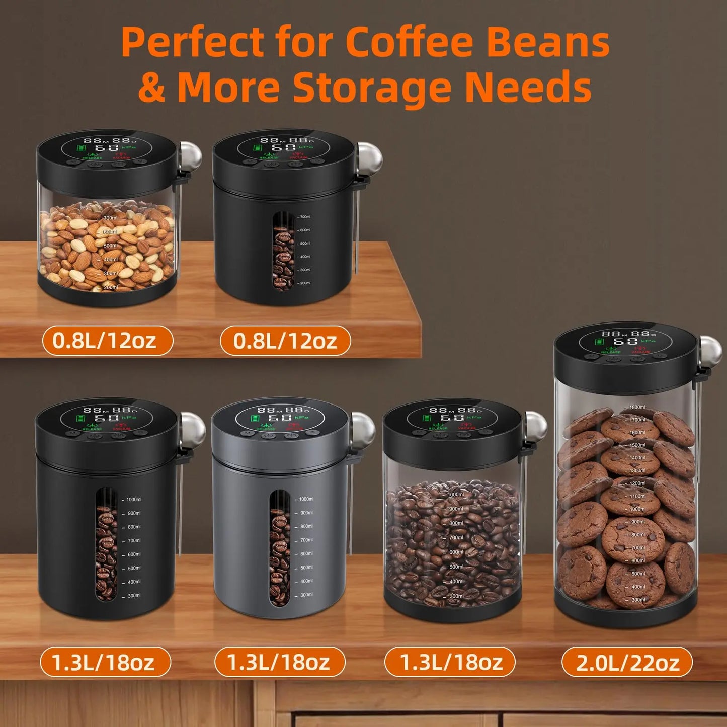 Automatic Vacuum Coffee Canister, 1.3L Coffee Container with Smart Pressure Sensor,LED Display,Window,Scoop Rechargeable Airtight Electric Coffee Bean Storage for Home Kitchen Ground Food Tea Storage Mt. Diablo Coffee and Gear