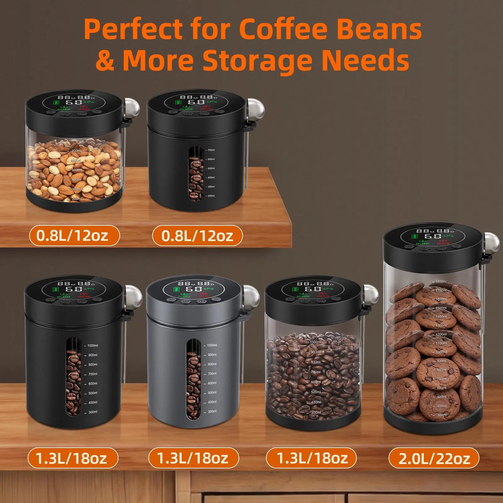 Automatic Vacuum Coffee Canister, 1.3L Coffee Container with Smart Pressure Sensor,LED Display,Window,Scoop Rechargeable Airtight Electric Coffee Bean Storage for Home Kitchen Ground Food Tea Storage Mt. Diablo Coffee and Gear