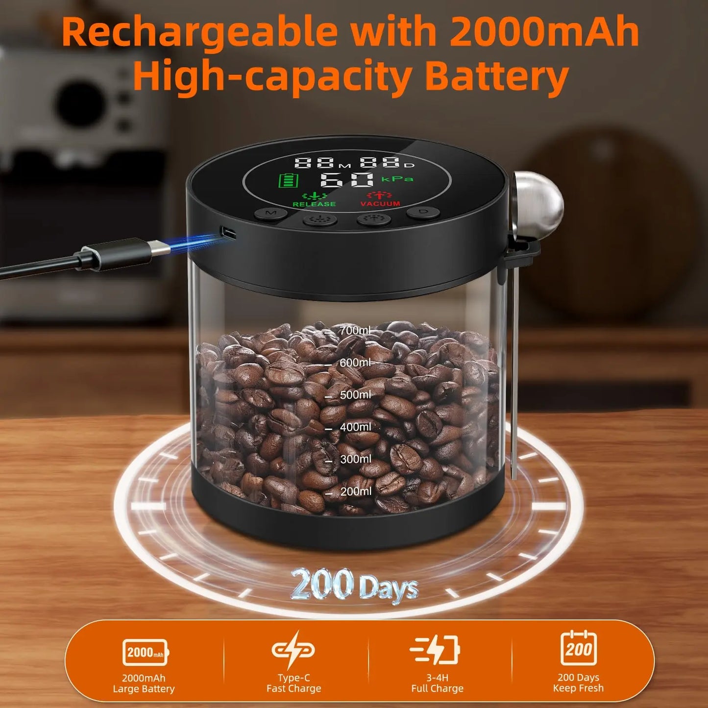 Automatic Vacuum Coffee Canister, 1.3L Coffee Container with Smart Pressure Sensor,LED Display,Window,Scoop Rechargeable Airtight Electric Coffee Bean Storage for Home Kitchen Ground Food Tea Storage Mt. Diablo Coffee and Gear