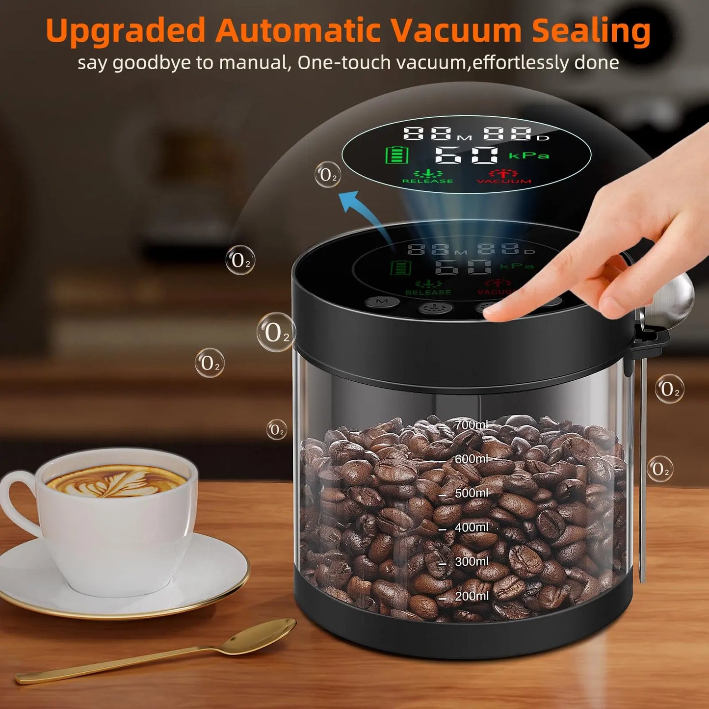 Automatic Vacuum Coffee Canister, 1.3L Coffee Container with Smart Pressure Sensor,LED Display,Window,Scoop Rechargeable Airtight Electric Coffee Bean Storage for Home Kitchen Ground Food Tea Storage Mt. Diablo Coffee and Gear