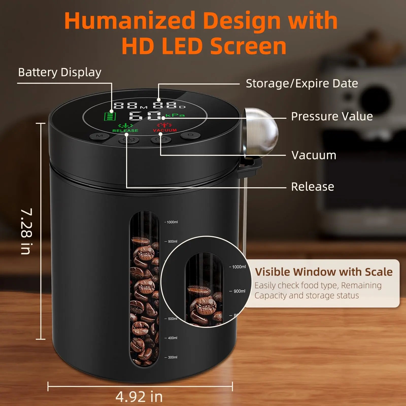 Automatic Vacuum Coffee Canister, 1.3L Coffee Container with Smart Pressure Sensor,LED Display,Window,Scoop Rechargeable Airtight Electric Coffee Bean Storage for Home Kitchen Ground Food Tea Storage Mt. Diablo Coffee and Gear