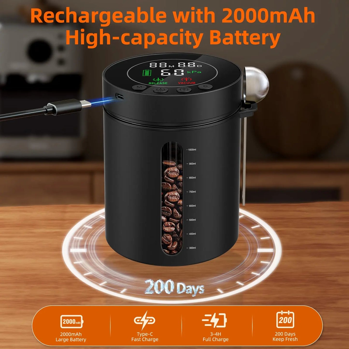 Automatic Vacuum Coffee Canister, 1.3L Coffee Container with Smart Pressure Sensor,LED Display,Window,Scoop Rechargeable Airtight Electric Coffee Bean Storage for Home Kitchen Ground Food Tea Storage Mt. Diablo Coffee and Gear