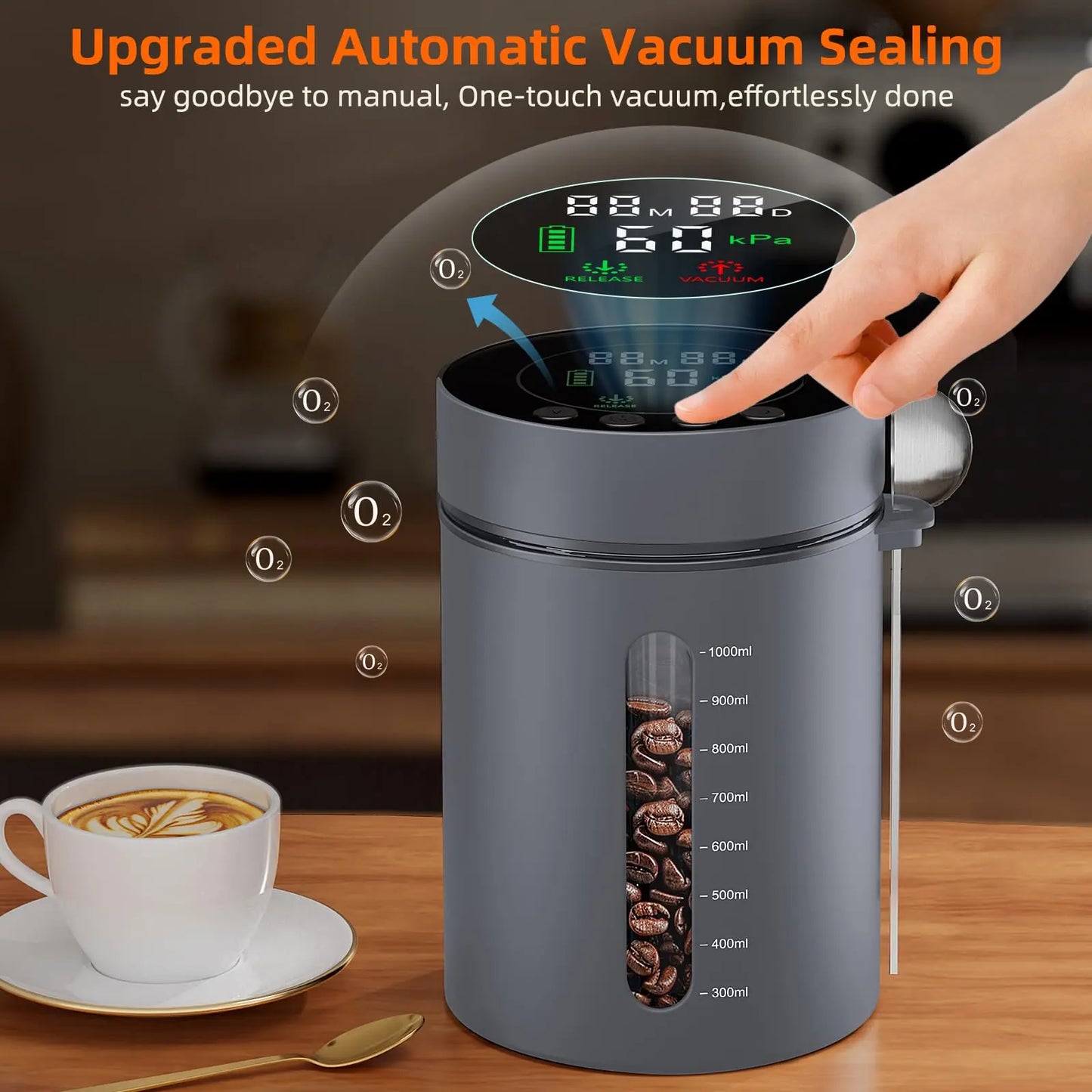 Automatic Vacuum Coffee Canister, 1.3L Coffee Container with Smart Pressure Sensor,LED Display,Window,Scoop Rechargeable Airtight Electric Coffee Bean Storage for Home Kitchen Ground Food Tea Storage Mt. Diablo Coffee and Gear