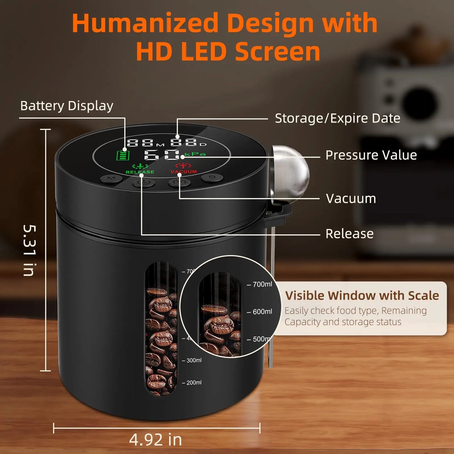 Automatic Vacuum Coffee Canister, 1.3L Coffee Container with Smart Pressure Sensor,LED Display,Window,Scoop Rechargeable Airtight Electric Coffee Bean Storage for Home Kitchen Ground Food Tea Storage Mt. Diablo Coffee and Gear