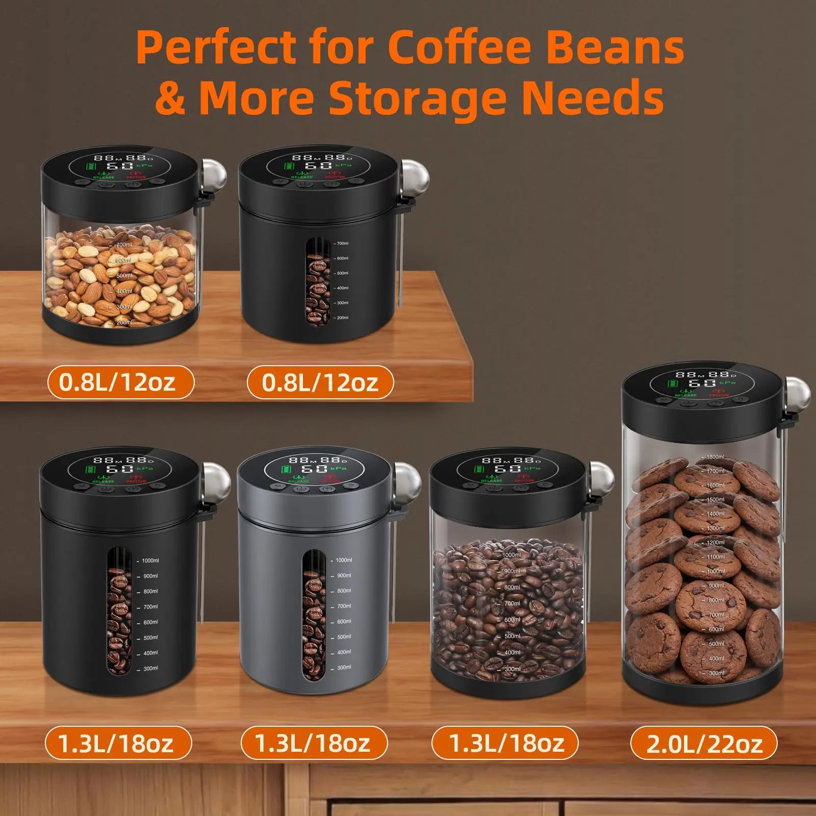 Automatic Vacuum Coffee Canister, 1.3L Coffee Container with Smart Pressure Sensor,LED Display,Window,Scoop Rechargeable Airtight Electric Coffee Bean Storage for Home Kitchen Ground Food Tea Storage Mt. Diablo Coffee and Gear