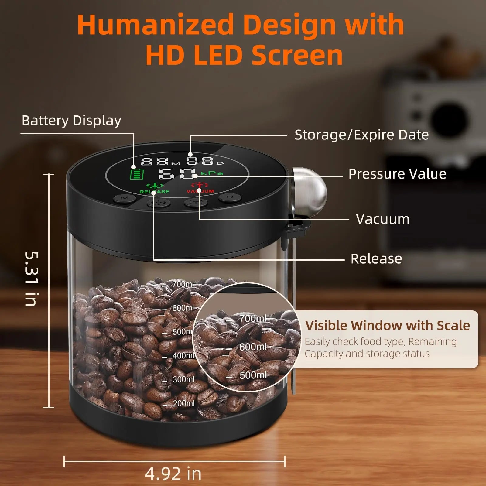 Automatic Vacuum Coffee Canister, 1.3L Coffee Container with Smart Pressure Sensor,LED Display,Window,Scoop Rechargeable Airtight Electric Coffee Bean Storage for Home Kitchen Ground Food Tea Storage Mt. Diablo Coffee and Gear