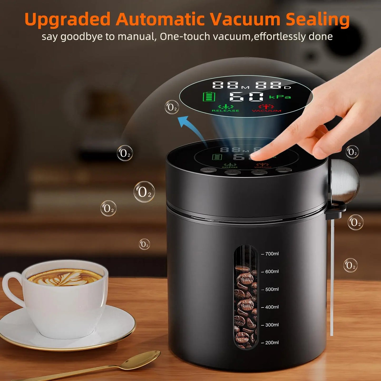Automatic Vacuum Coffee Canister, 1.3L Coffee Container with Smart Pressure Sensor,LED Display,Window,Scoop Rechargeable Airtight Electric Coffee Bean Storage for Home Kitchen Ground Food Tea Storage Mt. Diablo Coffee and Gear