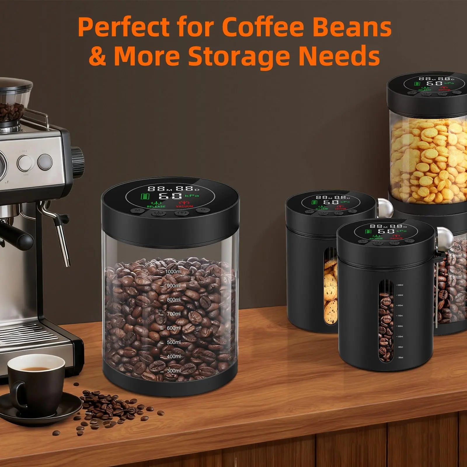 Automatic Vacuum Coffee Canister, 1.3L Coffee Container with Smart Pressure Sensor,LED Display,Window,Scoop Rechargeable Airtight Electric Coffee Bean Storage for Home Kitchen Ground Food Tea Storage Mt. Diablo Coffee and Gear