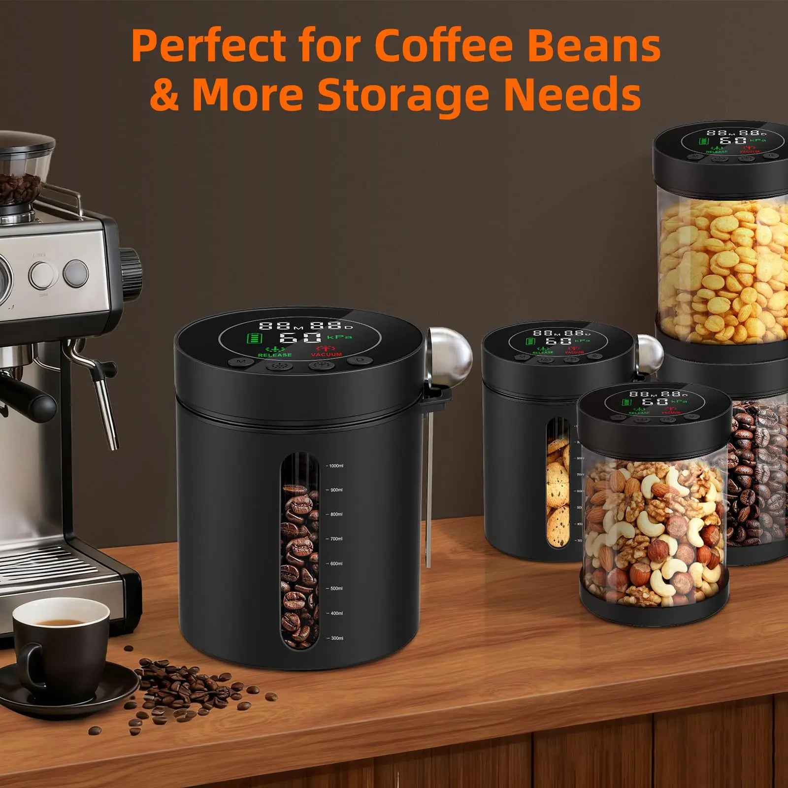 Automatic Vacuum Coffee Canister, 1.3L Coffee Container with Smart Pressure Sensor,LED Display,Window,Scoop Rechargeable Airtight Electric Coffee Bean Storage for Home Kitchen Ground Food Tea Storage Mt. Diablo Coffee and Gear