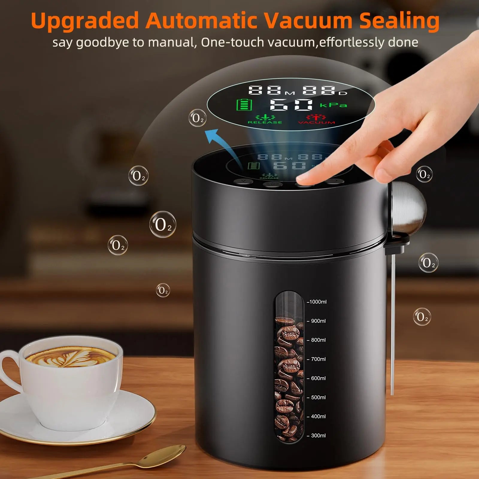 Automatic Vacuum Coffee Canister, 1.3L Coffee Container with Smart Pressure Sensor,LED Display,Window,Scoop Rechargeable Airtight Electric Coffee Bean Storage for Home Kitchen Ground Food Tea Storage Mt. Diablo Coffee and Gear