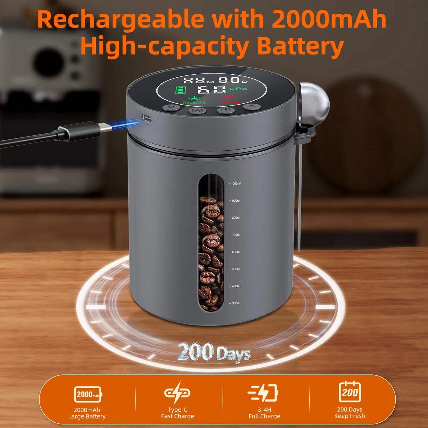 Automatic Vacuum Coffee Canister, 1.3L Coffee Container with Smart Pressure Sensor,LED Display,Window,Scoop Rechargeable Airtight Electric Coffee Bean Storage for Home Kitchen Ground Food Tea Storage Mt. Diablo Coffee and Gear