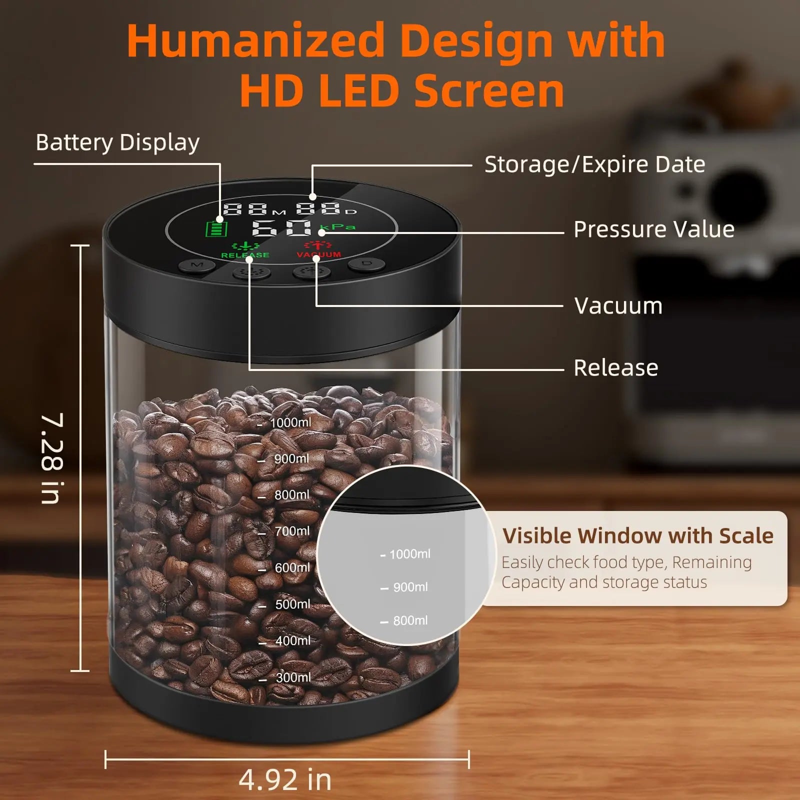 Automatic Vacuum Coffee Canister, 1.3L Coffee Container with Smart Pressure Sensor,LED Display,Window,Scoop Rechargeable Airtight Electric Coffee Bean Storage for Home Kitchen Ground Food Tea Storage Mt. Diablo Coffee and Gear