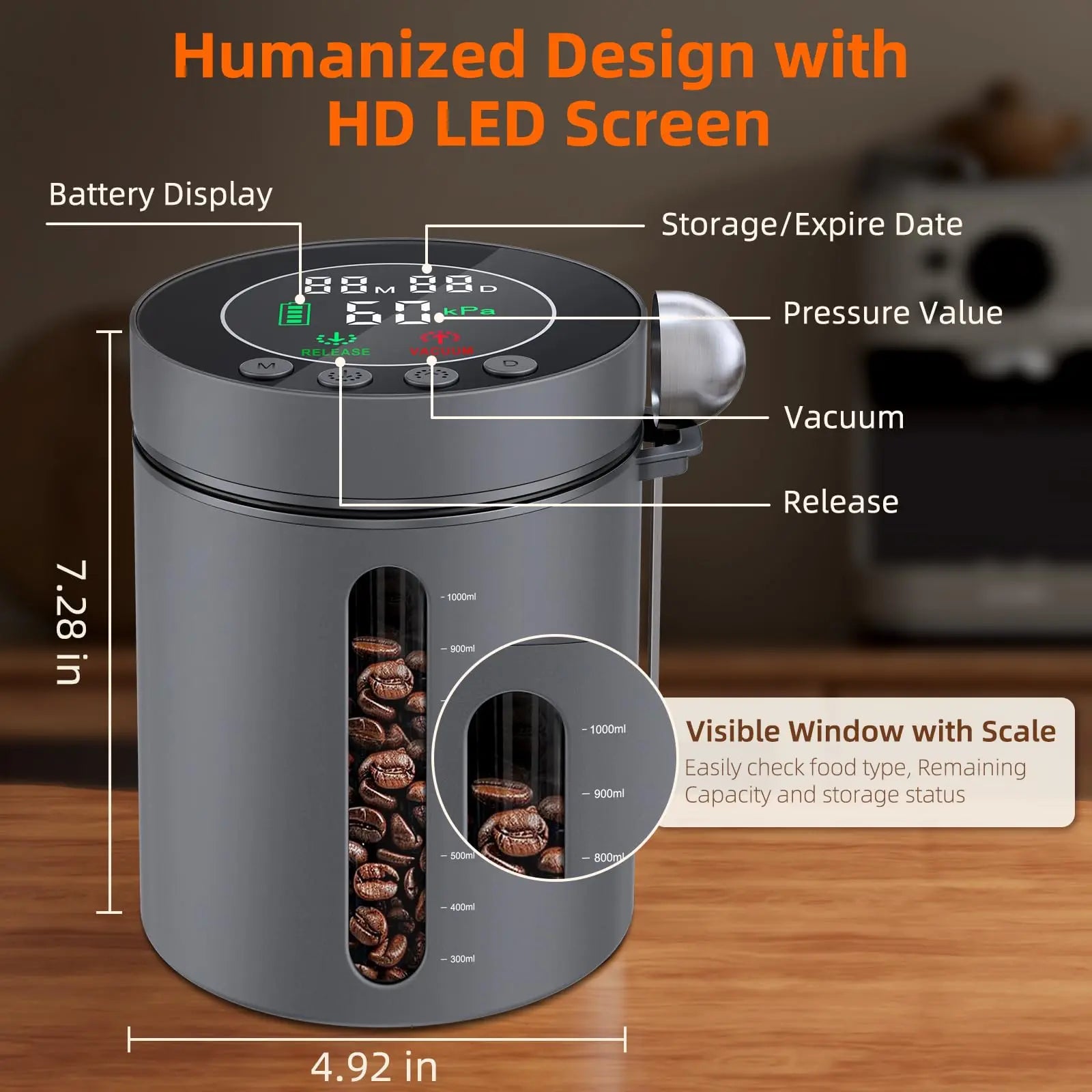 Automatic Vacuum Coffee Canister, 1.3L Coffee Container with Smart Pressure Sensor,LED Display,Window,Scoop Rechargeable Airtight Electric Coffee Bean Storage for Home Kitchen Ground Food Tea Storage Mt. Diablo Coffee and Gear