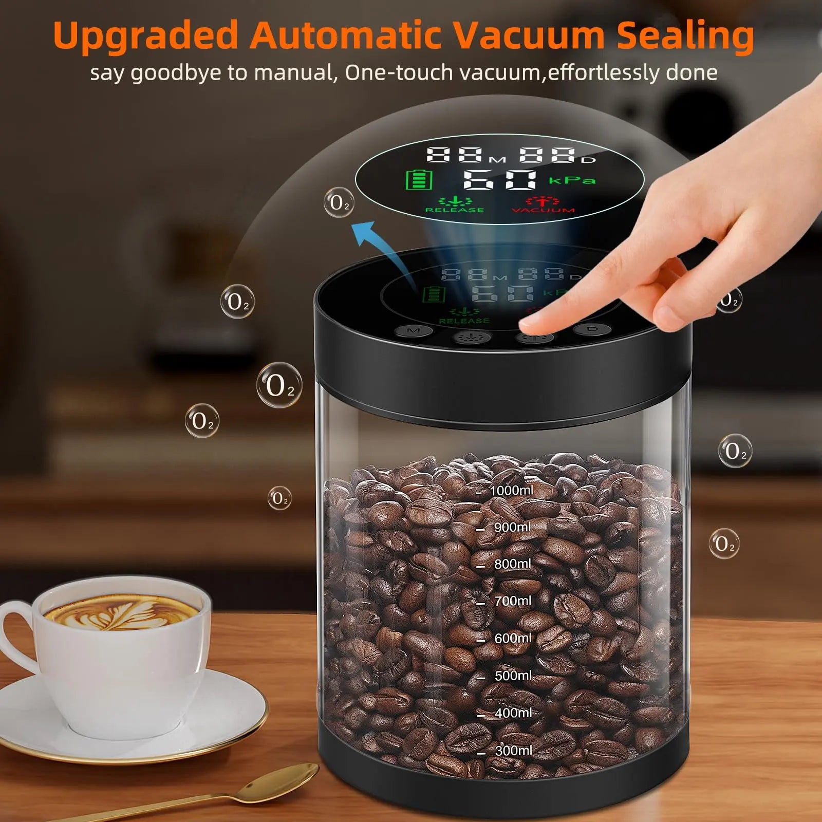 Automatic Vacuum Coffee Canister, 1.3L Coffee Container with Smart Pressure Sensor,LED Display,Window,Scoop Rechargeable Airtight Electric Coffee Bean Storage for Home Kitchen Ground Food Tea Storage Mt. Diablo Coffee and Gear