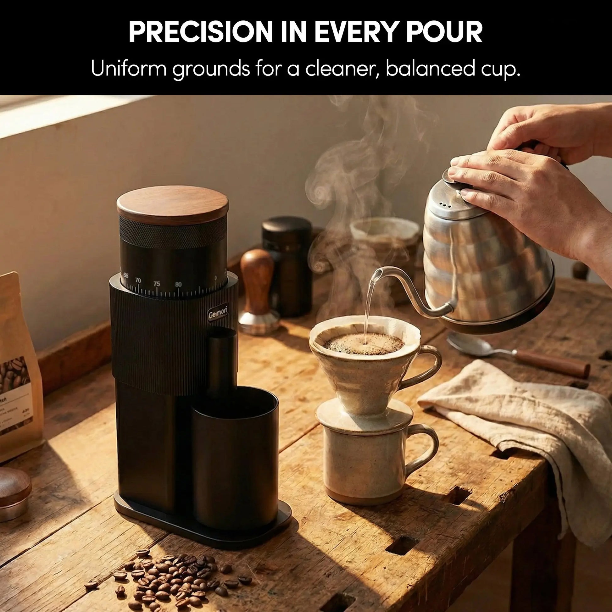 Geimori T38-The True Pro Grade Portable Coffee Grinder with 38mm Conical Burrs, 3600mAh Batteries, Stepless Grind Settings Wirsh